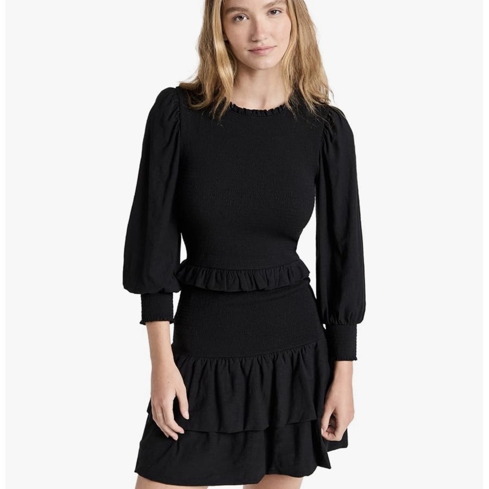 NATION LTD Women's‎ Abby Demure Black Mini Dress XS Smocked/Ribbed Body Ruffles